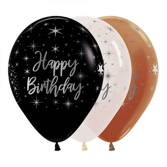 Vibrant assorted 30cm balloons with metallic ink, perfect for birthday celebrations, pack of 12.