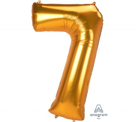 Jumbo Gold Number 7 Foil Balloon, 83cm x 134cm, ideal for celebrations and party decor.