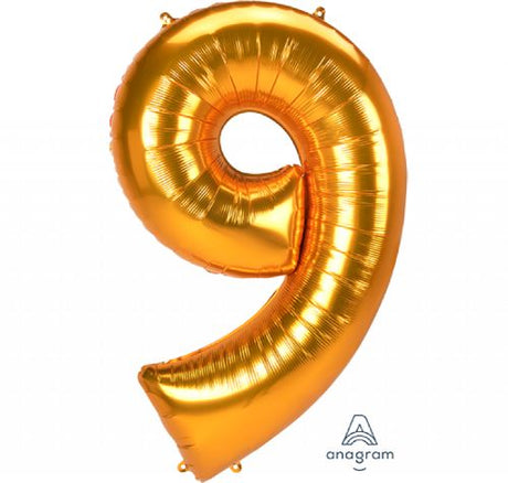 Jumbo Gold Number 9 Foil Balloon, 83cm x 137cm, perfect for celebrations and events, self-sealing and durable.