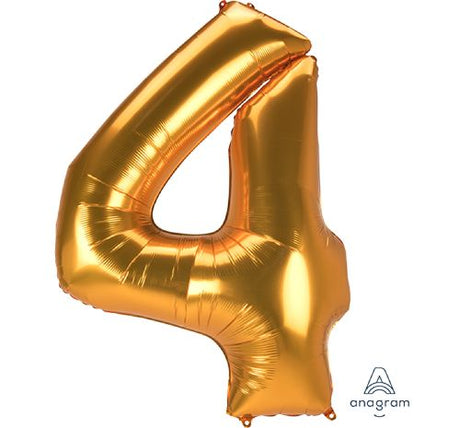 Jumbo gold foil balloon, number 4, 91cm x 137cm, perfect for parties and celebrations.