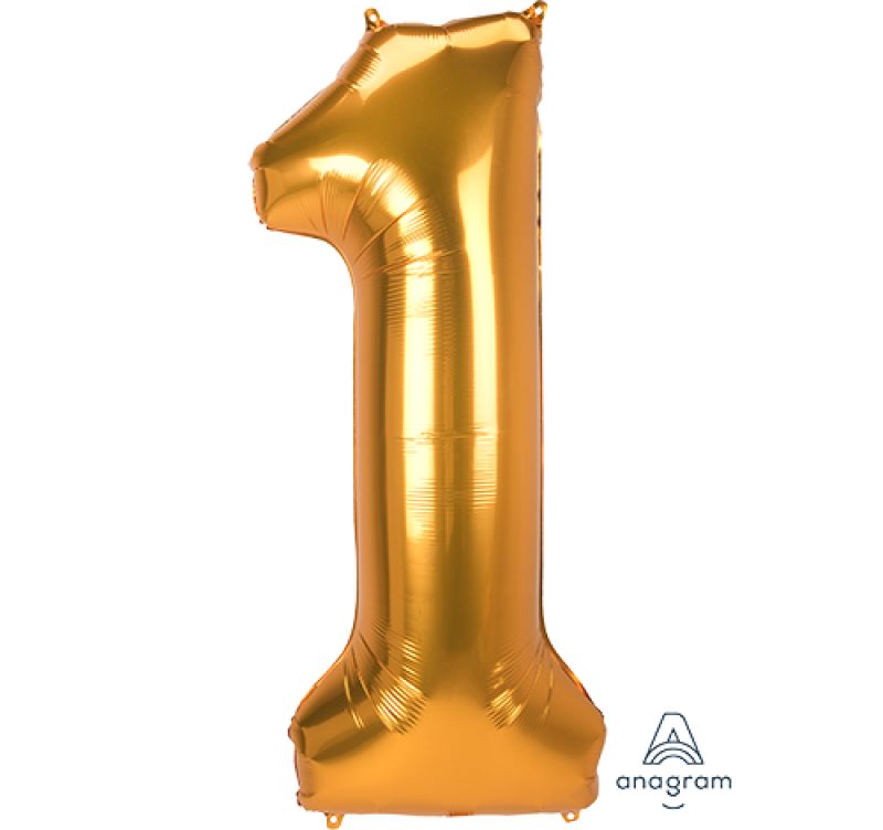 Jumbo gold foil balloon shaped like the number one, measuring 55cm x 134cm, perfect for celebrations and parties.