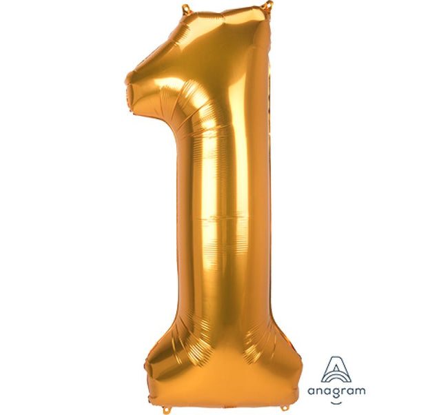 Jumbo gold foil balloon shaped like the number one, measuring 55cm x 134cm, perfect for celebrations and parties.