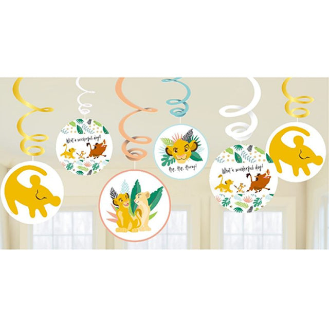 Colorful Lion King hanging swirl decorations featuring character cutouts, perfect for themed parties and celebrations.