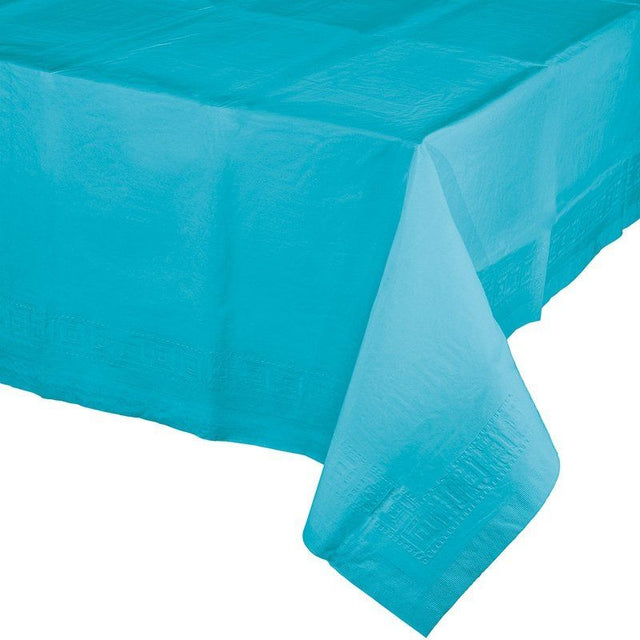 Bermuda Blue Tablecover with durable backing, perfect for weddings and gatherings, ensuring style and easy cleanup.