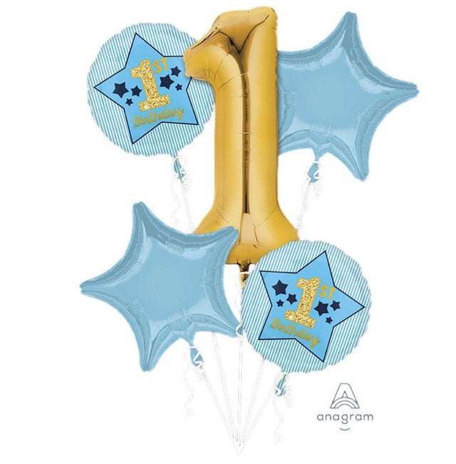 Pack of 5 blue and gold foil balloons for a boy's 1st birthday, including 1 shaped and 4 standard balloons.