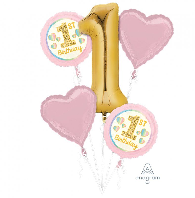 Foil Balloon - Bouquet Girl 1st Birthday Pink & Gold   (Pack of 5)