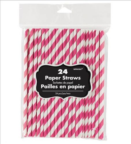 Bright pink paper straws, 19cm long, eco-friendly pack of 24, perfect for parties and special occasions.