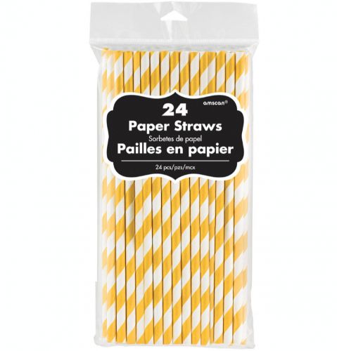 Pack of 24 eco-friendly yellow paper straws, 19cm long, perfect for parties and reducing plastic waste.