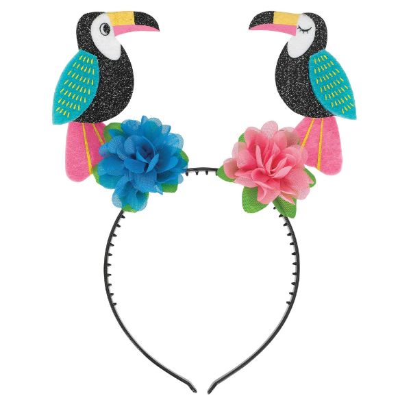 Colorful felt toucan heads bob on a fun headband, perfect for lively parties and tropical celebrations.