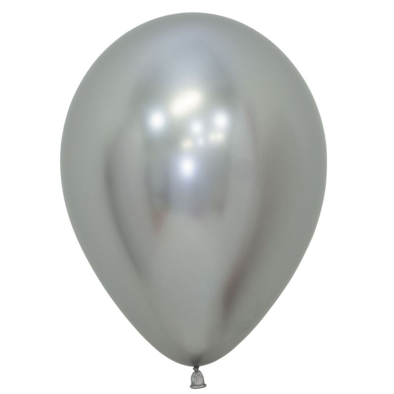 Pack of 12 Sempertex 30cm metallic reflex silver latex balloons for festive decorations.