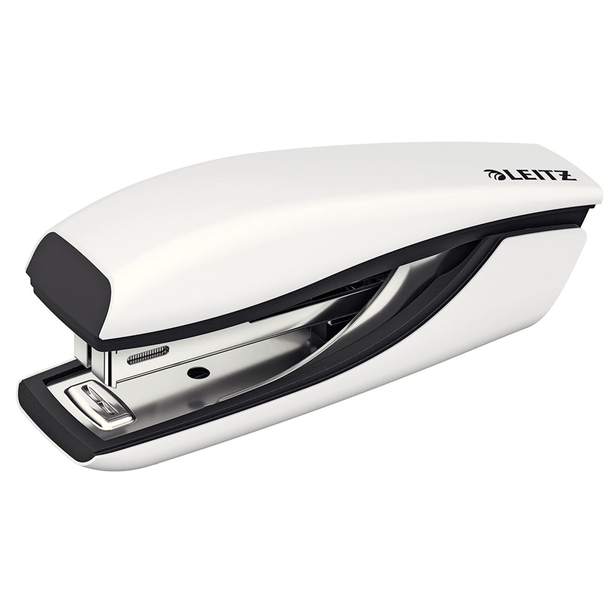Leitz Nexxt Wow Stapler 30sh in white, stylish metal design, staples up to 30 sheets, includes staple remover and BX1000 staples.