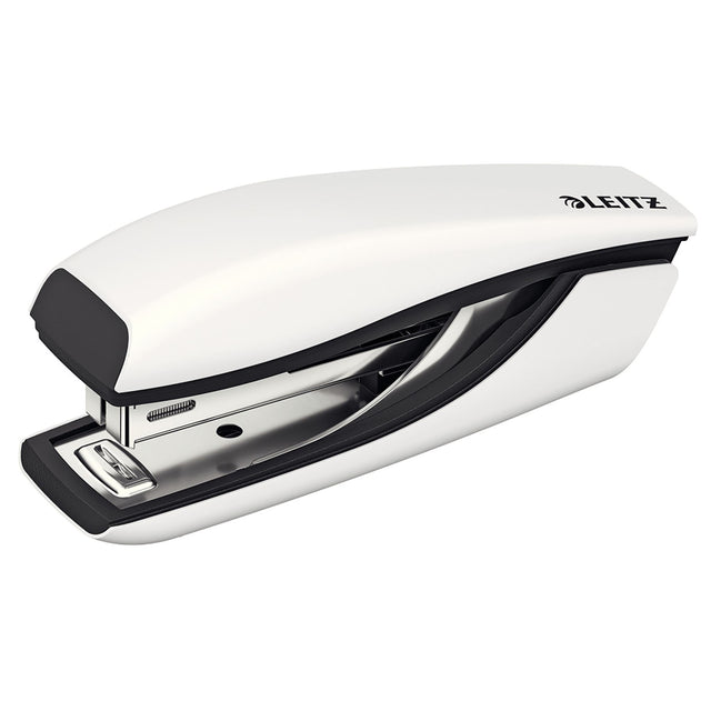 Leitz Nexxt Wow Stapler 30sh in white, stylish metal design, staples up to 30 sheets, includes staple remover and BX1000 staples.