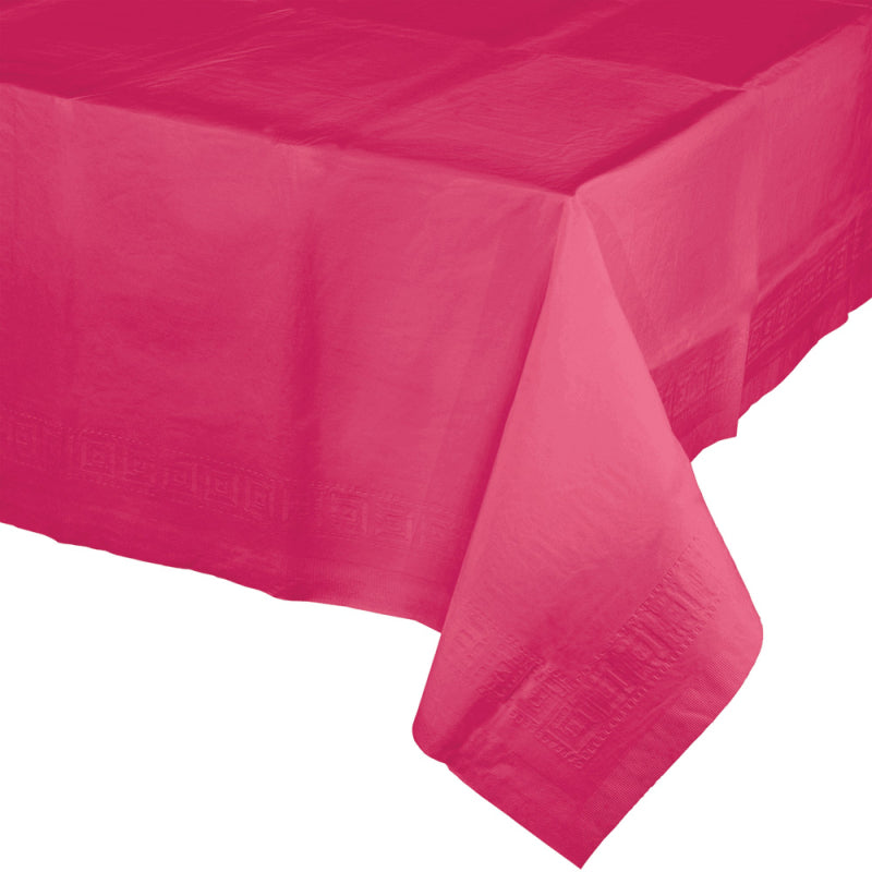Vibrant hot magenta tablecover, 137 x 274 cm, blends soft tissue with waterproof plastic for stylish event protection.