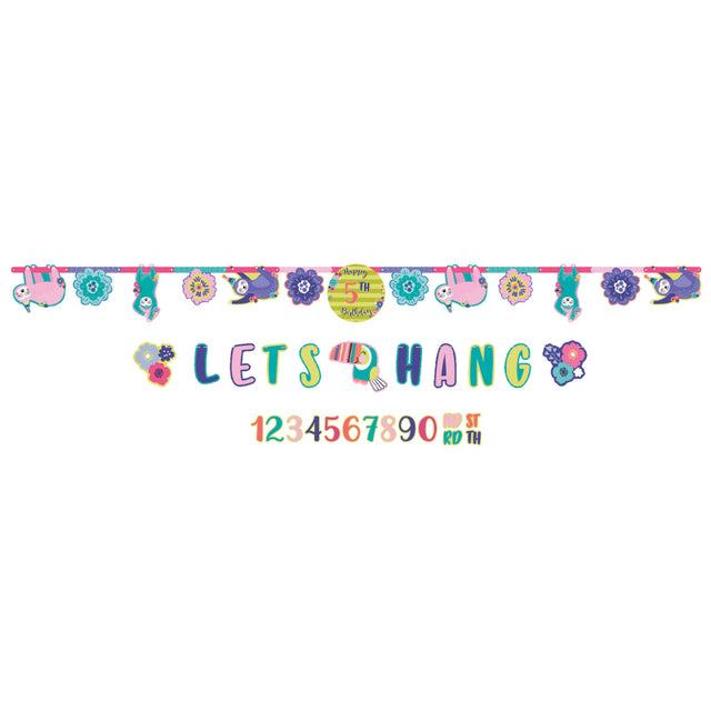 Vibrant sloth-themed birthday banners, customizable with ages 0-9, perfect for children’s parties.