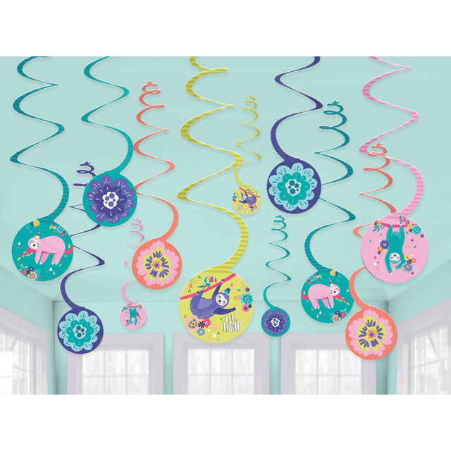 12 pack of sloth spiral hanging decorations with 12cm cutouts, perfect for themed parties or festive decor.