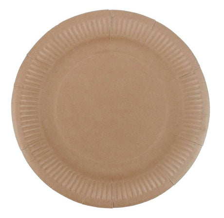 Eco-friendly 9-inch kraft paper plates, pack of 12, perfect for parties and picnics, sturdy and biodegradable.
