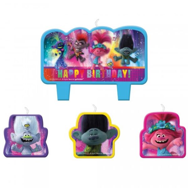 Colorful Trolls World Tour birthday candles, pack of 4, ideal for cake decoration and children's parties.