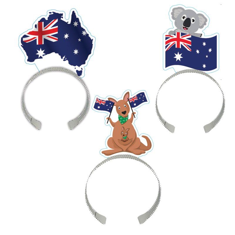 Pack of 8 Australia Flag Headbands featuring vibrant designs, perfect for sporting events and celebrations.