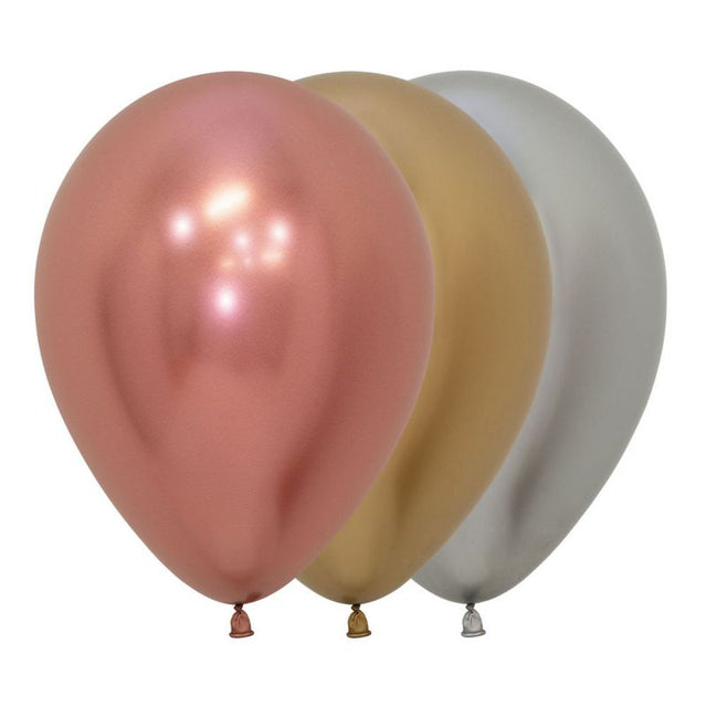 Pack of 50 metallic balloons in gold, silver, and rose gold for elegant party decorations and celebrations.