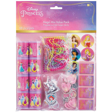 Disney Princess Mega Mix Favors Value Pack containing 48 enchanting party favors for kids' celebrations.