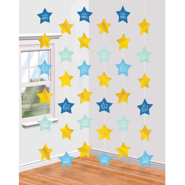 Baby shower hanging decorations in pastel blue and white, 2.13m each, perfect for celebrating a baby boy's arrival.