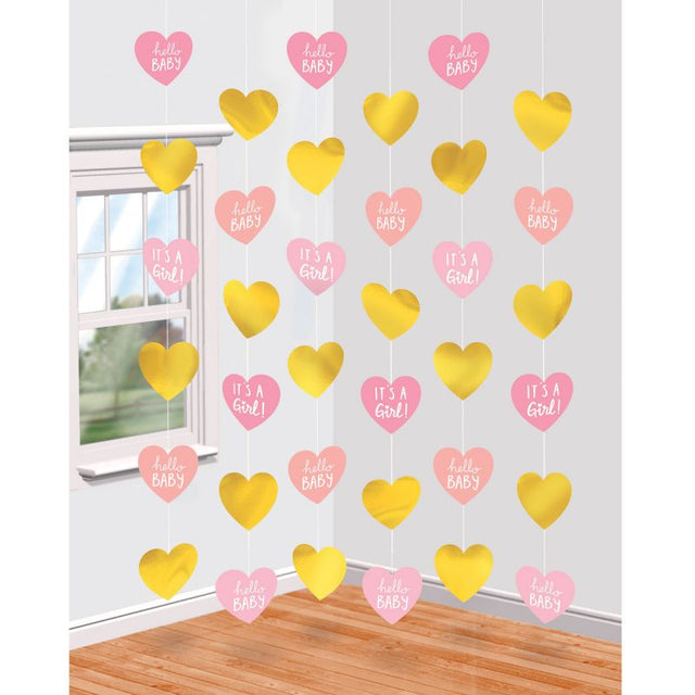 Colorful hanging string decorations for baby girl showers, featuring whimsical designs and vibrant colors, 2.13m each.