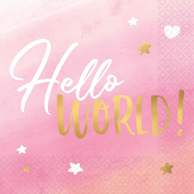 Oh Baby Girl Lunch Napkins with 'Hello World' design, pack of 16, perfect for baby showers and birthdays.