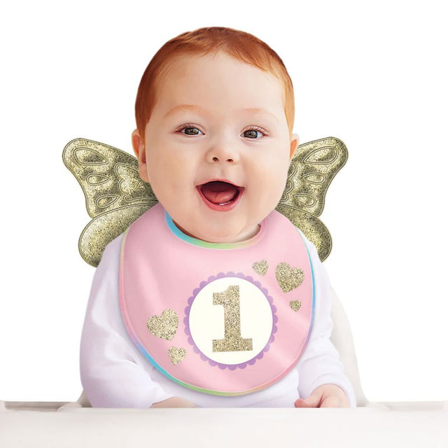 Adorable 1st birthday girl bib with wings, perfect for cake smashes and celebrations, soft and stylish, 8 5/8" x 9 1/4".