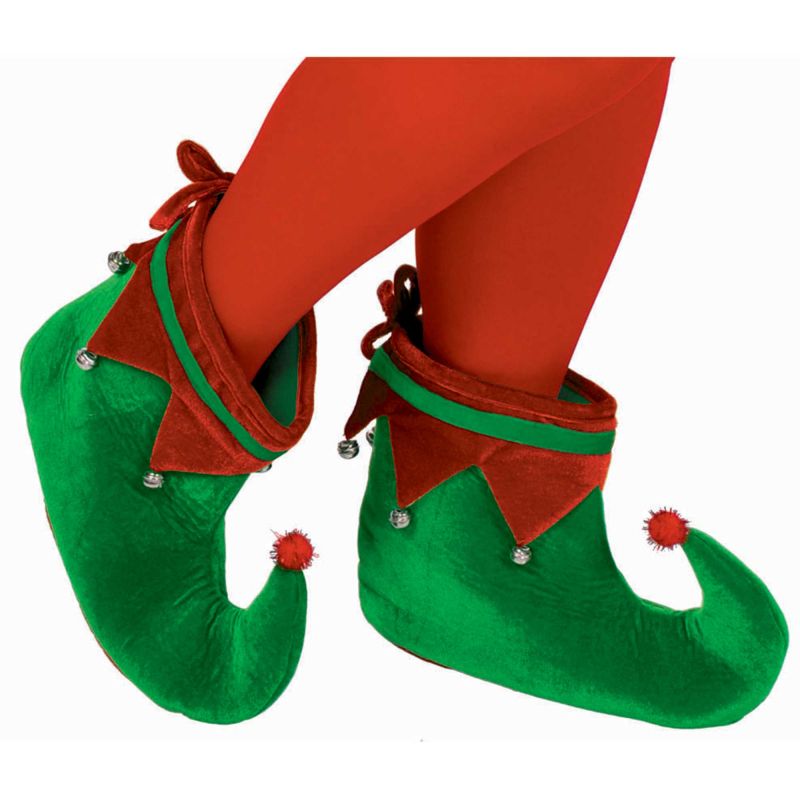 Adult-sized elf shoes with cheerful bells, perfect for holiday parties and festive gatherings.