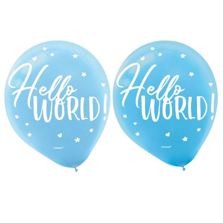 30cm assorted latex balloons for baby boy celebrations, featuring 'Hello World' designs in vibrant colors, pack of 15.