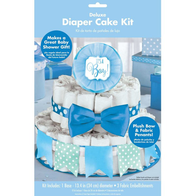Blue Deluxe Diaper Cake Kit featuring a satin bow and tulle tutu, perfect for baby showers and new parents.