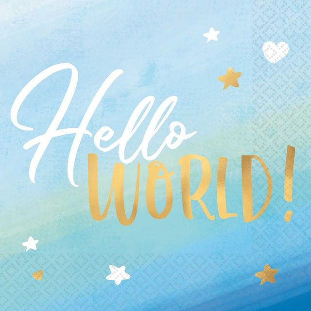 Oh Baby Boy lunch napkins with 'Hello World' hot stamped design, perfect for baby showers and celebrations, pack of 16.