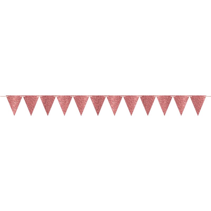 Glittered rose gold pennant banner, 6.09m long with 12 sparkling pennants, perfect for celebrations and events.