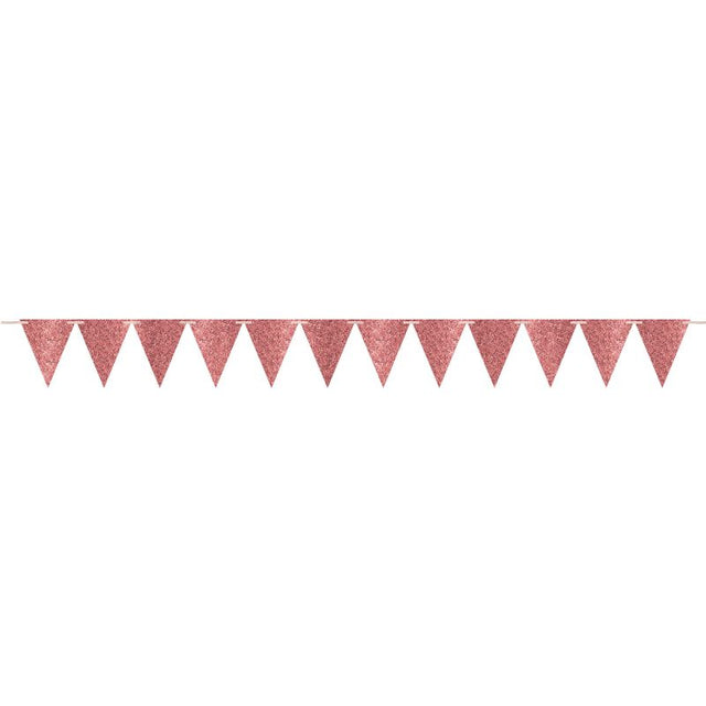 Glittered rose gold pennant banner, 6.09m long with 12 sparkling pennants, perfect for celebrations and events.