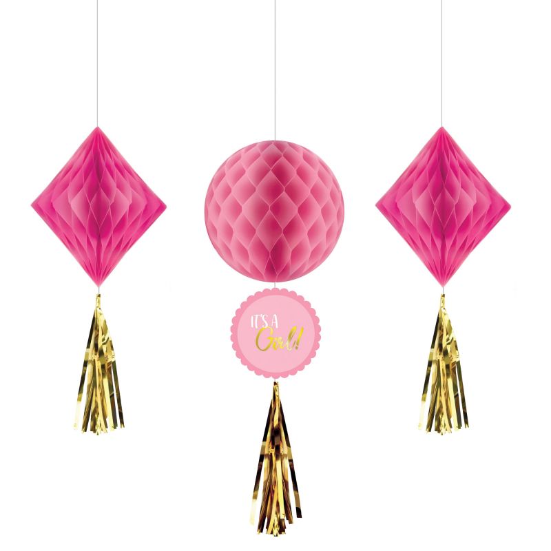 Pack of 3 pink honeycomb decorations, perfect for celebrating a baby girl's arrival at a shower or party.