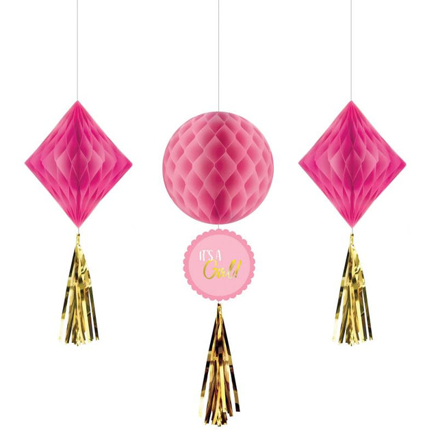 Pack of 3 pink honeycomb decorations, perfect for celebrating a baby girl's arrival at a shower or party.