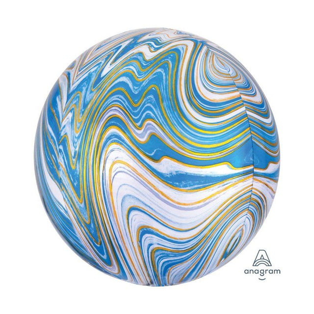Orbz XL Blue Marblez balloon, 38cm x 40cm, elegant blue marble design, self-sealing for long-lasting celebrations.