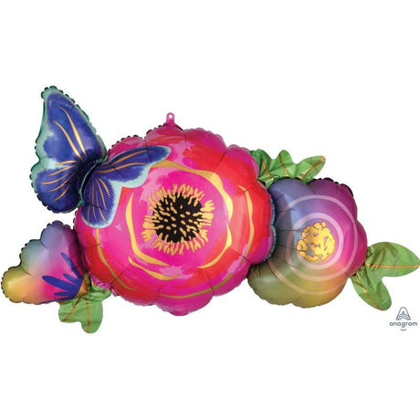 SuperShape XL foil balloon featuring vibrant flowers and a butterfly, measuring 93cm x 48cm, perfect for celebrations.