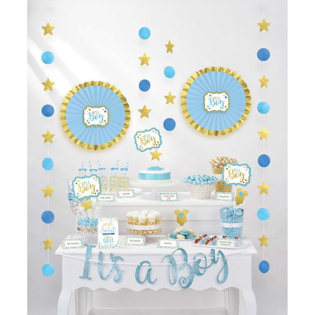 Baby Shower Blue Buffet Decorating Kit featuring decorative tent cards, picks, string decorations, and a festive letter banner.