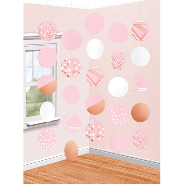 Elegant rose gold and blush hanging circle decorations, perfect for adding glamour to any celebration.