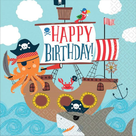 Nautical-themed Ahoy Birthday Lunch Napkins featuring anchors and sailboats, perfect for fun party décor. Pack of 36.