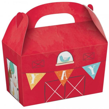 Colorful barnyard treat boxes, pack of 8, perfect for snacks and favors at kids' birthday parties.
