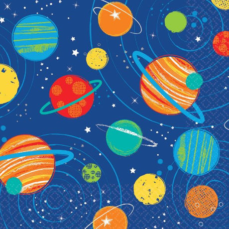 Vibrant Blast Off Birthday Beverage Napkins with a cosmic design, ideal for space-themed parties and easy cleanup.