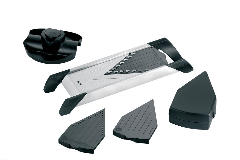 GEFU Mandoline Slicer with durable Japanese steel blade, three interchangeable blades, and safety features for precise slicing.