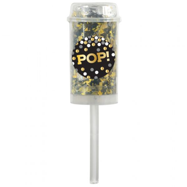 Pack of 2 black, silver, and gold foil confetti tubes for celebrations, measuring 18cm x 5cm, perfect for festive events.