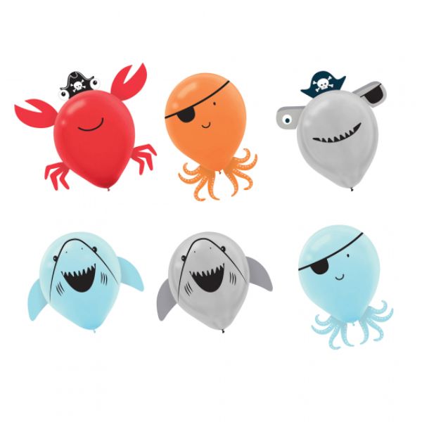 Pack of 6 nautical-themed latex balloons featuring anchors, sailboats, and sea creatures for a fun birthday celebration.