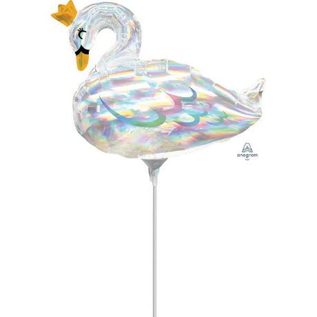 Iridescent mini swan balloon by ANAGRAM, perfect for parties and celebrations, measuring 30cm, requires air inflation.