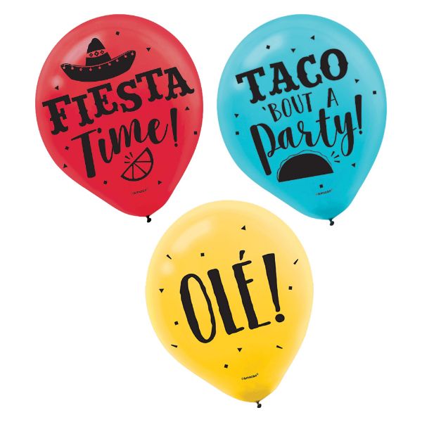 Colorful pack of 15 Fiesta 12” latex balloons, perfect for festive events and party decorations.