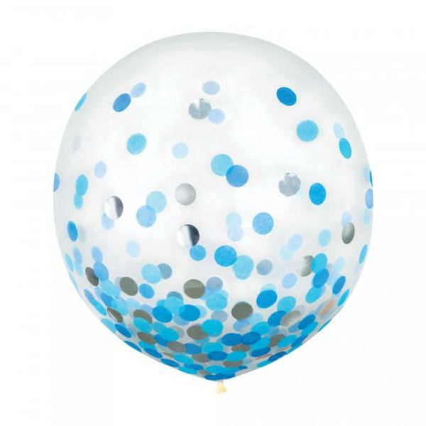 Pack of 2 large 60cm multi-coloured latex balloons with 7g confetti inside for festive celebrations.
