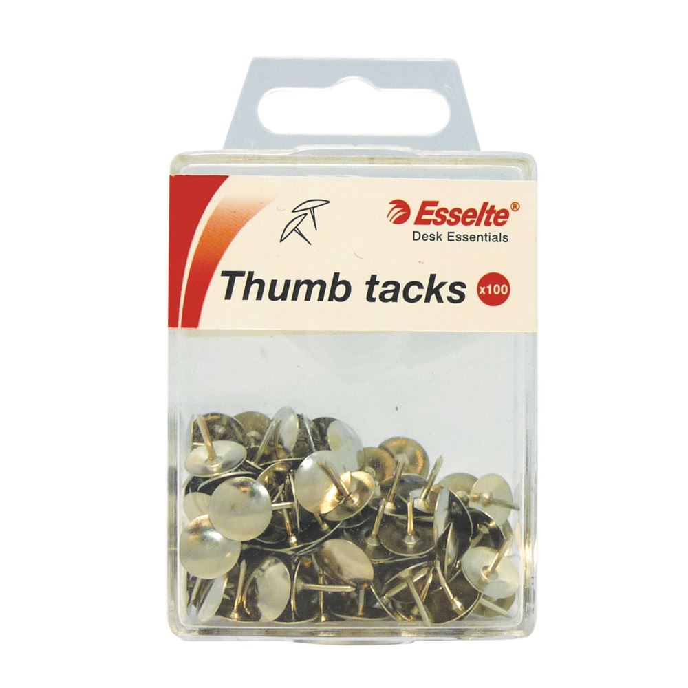 Silver Esselte drawing pins in a box of 100, designed for secure tacking of papers and posters, each pin features a 10mm head.